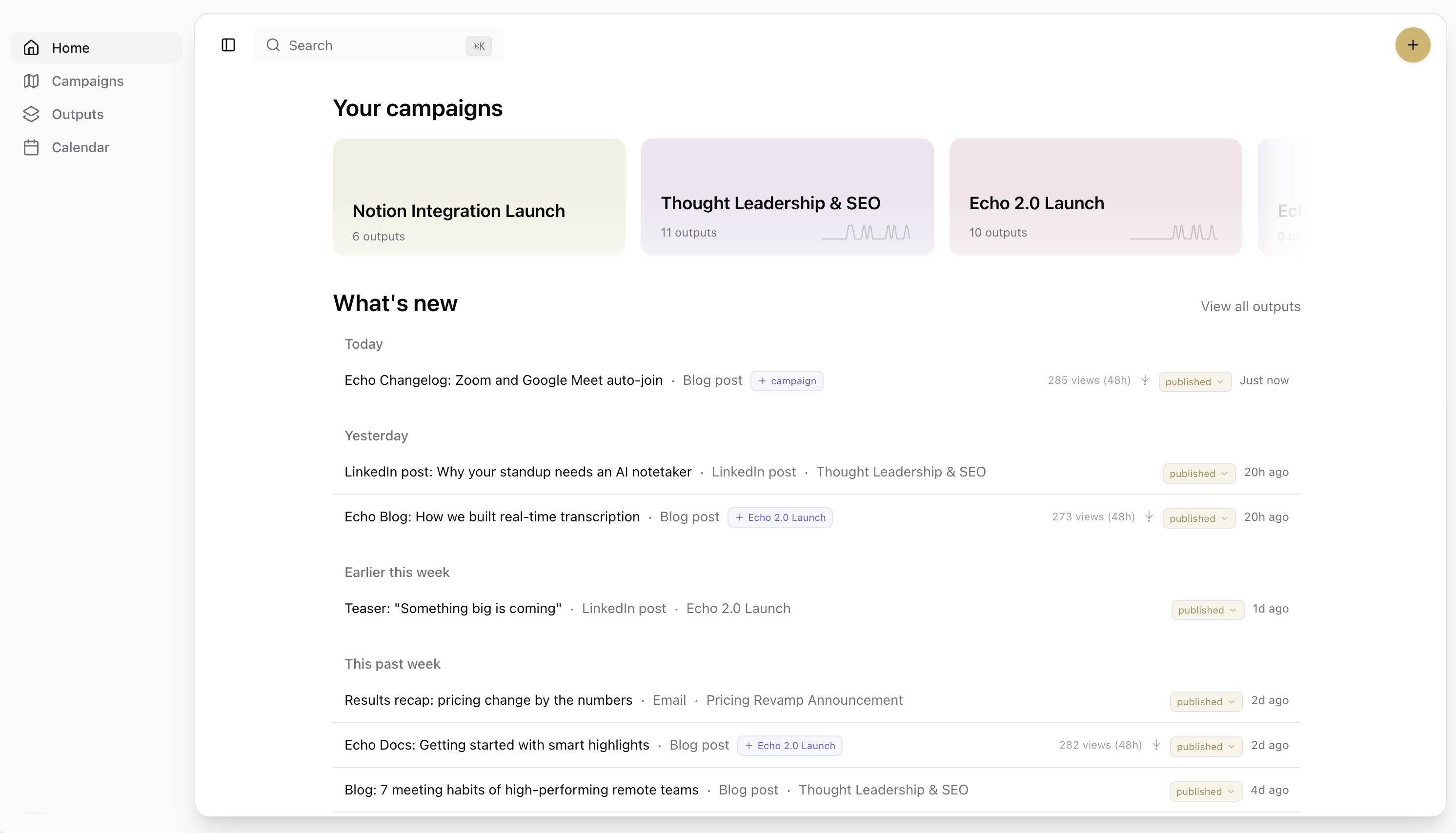 March home screen showing campaigns, outputs, and recent activity